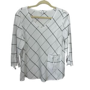 Habitat‎ Seersucker Top V Neck Womens Medium Lagenlook Artsy 3/4 Sleeve Stretch